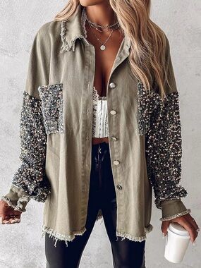 Chicme Khaki Sequin Sleeve Button-Down Shirt Jacket Shacket Women’s L